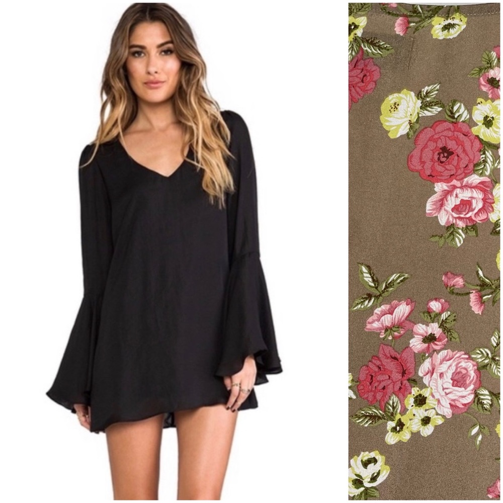Show Me Your Mumu Taupe Floral V-Neck Bell Sleeve Mini Dress Sz S Boho Festival